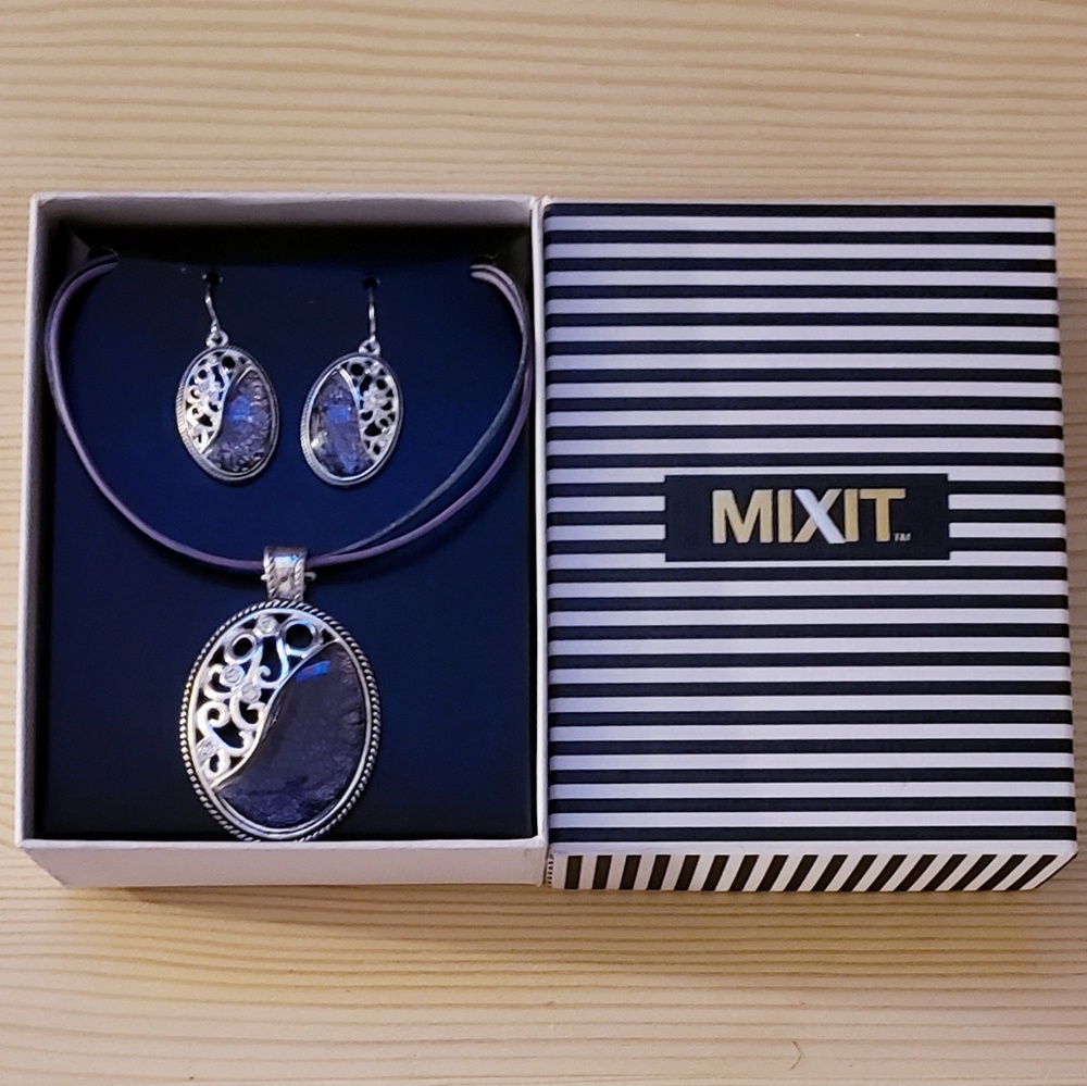 Blue & Silver Earings & Necklace Set